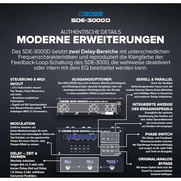 BOSS SDE-3000D Dual Digital Delay Pedal, klassisch-warmes Digital Delay mit 2 voll-ausgestatteten Delays, unabhängige Parameter, Mono/Stereo-Modulation & Panning – Bild 4
