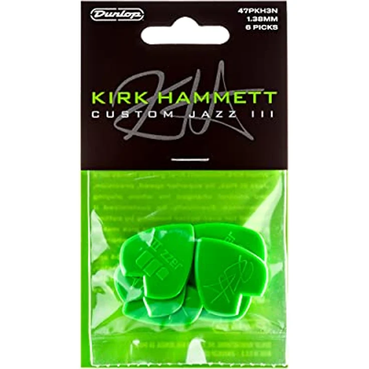 Dunlop Kirk Hammett Jazz Picks, 6er Pack Nylon Plektren, 1,38 mm Stärke, grün, V-förmige Ausnehmung für besseren Grip – Bild 1