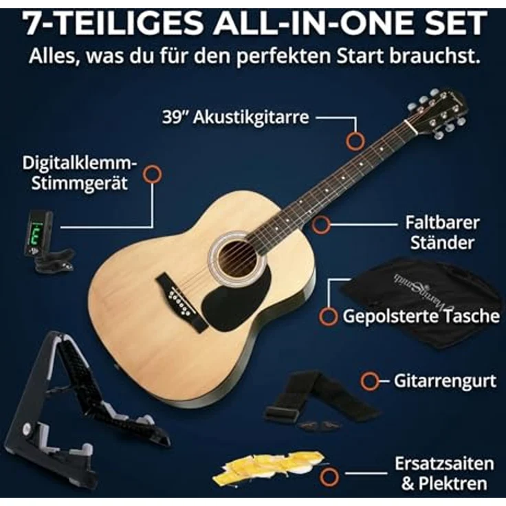 Martin Smith Akustikgitarre, Westerngitarre in Natur mit Gitarrenständer, Tuner, Gig Bag, Gurt, Plektren und Saiten – Bild 2