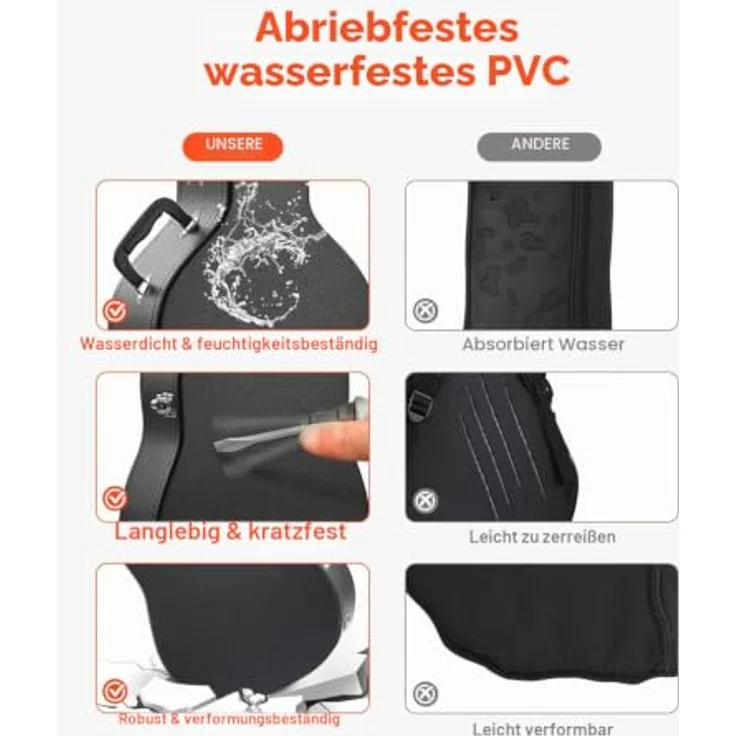 VEVOR Gitarrenkoffer, 110 cm Hartschalenkoffer für Akustikgitarren von 99 bis 104 cm, schwarz, mit Schloss, Schlüsselgriff und Zubehörfach – Bild 3
