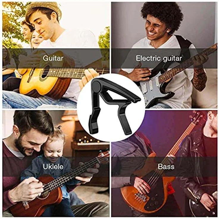 LEKATO LGC-1 Kapodaster für Akustik- und E-Gitarre, Ukulele, Mandoline, Banjo, Schwarz, mit 6 Plektren und weichem Silikonpad – Bild 5