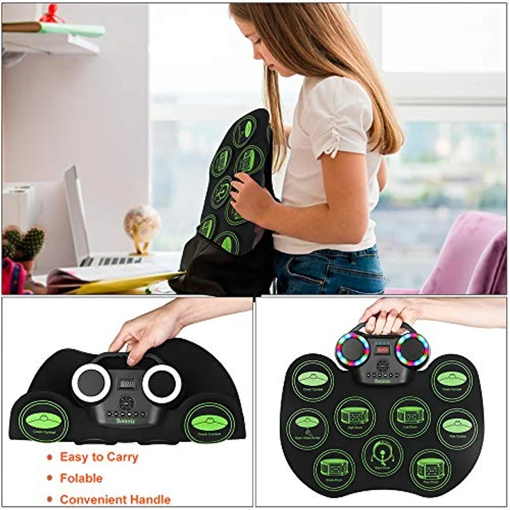 Bonvvie G6001 E-Drum Kit, tragbare digitale Rollentrommel mit 9 Pads, MIDI, eingebauten Lautsprechern, wiederaufladbarem Akku, ideal für Kinder und Anfänger – Bild 5