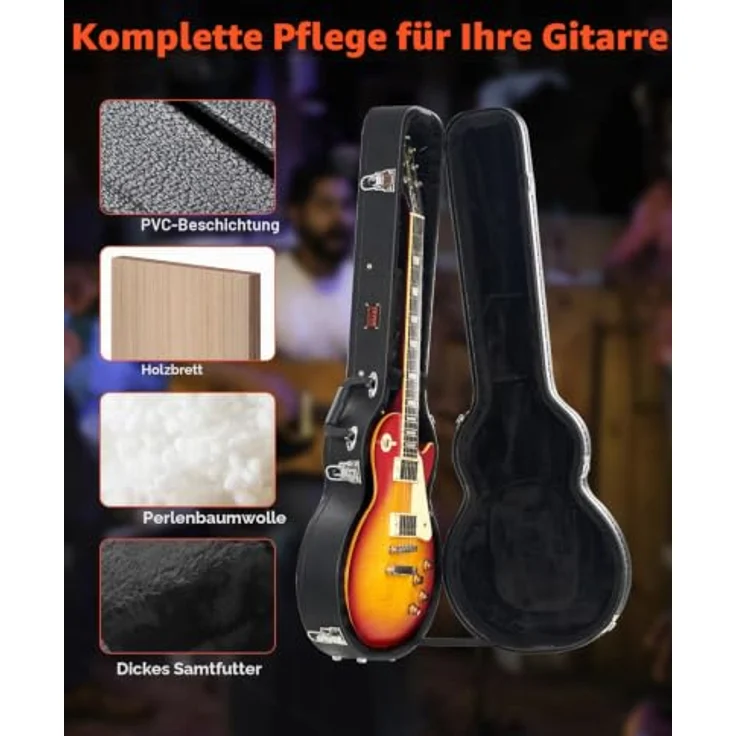 VEVOCOR Gitarrenkoffer, 105 cm Hartschalenkoffer für Les Paul-Gitarren, mit Schloss, PVC-Polsterung und Zubehörfach, schwarz – Bild 4