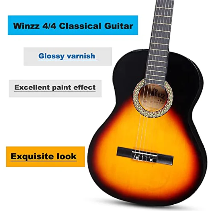 Winzz Konzertgitarre 4/4 Set, 39 Zoll Klassische Gitarre mit Nylonsaiten, Zubehör und Sunburst Finish für Anfänger und Jugendliche ab 11 Jahren – Bild 4