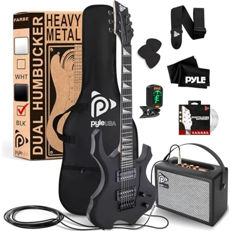 Pyle E-Gitarre Set, Elektrische Gitarre mit 10W Verstärker, Gigbag, Stimmgerät, Gitarrenzubehör, Schwarz – Bild 1