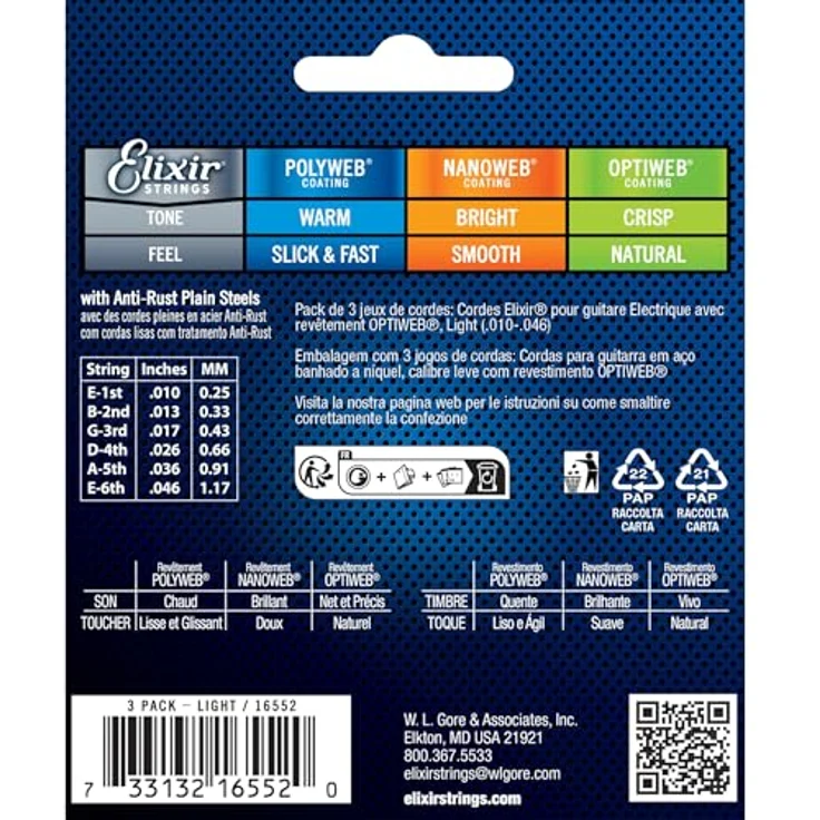 Elixir Saiten Phosphor 3er-Pack Light (.010-.046), Gitarrensaiten mit Optiweb-Beschichtung für langanhaltenden Klang, korrosionsbeständig – Bild 2