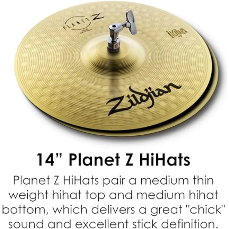 Zildjian ZB4PK Planet Z Series, 4-teiliges Schlagzeugbecken Set mit 14" Hi-Hats, 16" Crash und 20" Ride, traditionelles helles Finish – Bild 3