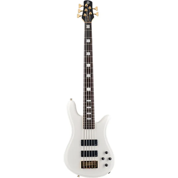 Spector Icon NS-5 Bolt-On, 5-Saiter E-Bass in White Gloss mit Aguilar DCB Tonabnehmer und Gold-Hardware