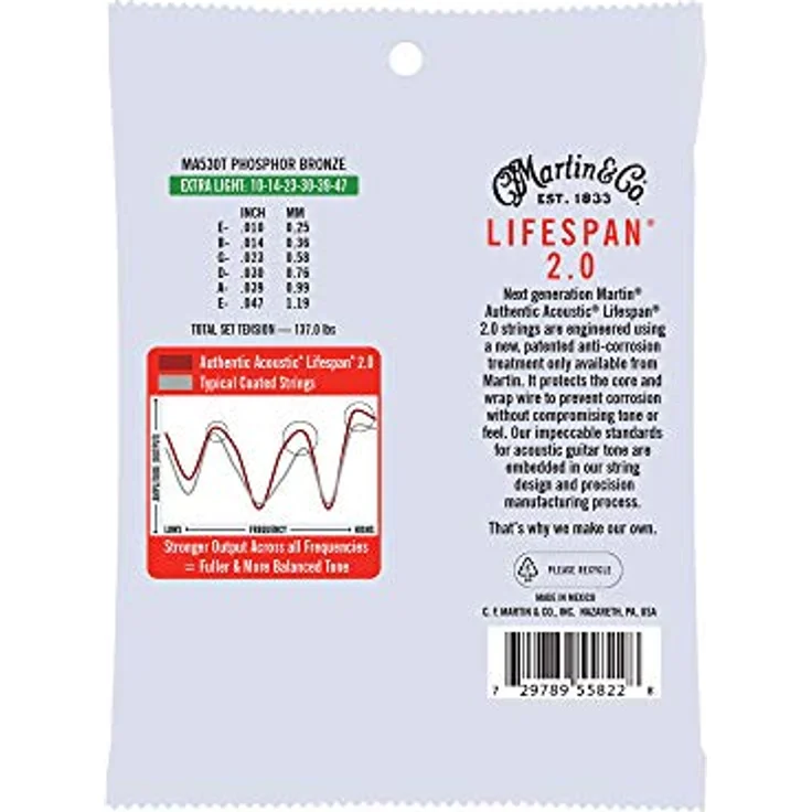 Martin Lifespan 2.0 Extra Light Akustikgitarrensaiten 10-47, 98/2 Phosphor Bronze (MA530T) - Hohe Flexibilität für Fingerpicking und Flatpicking – Bild 2