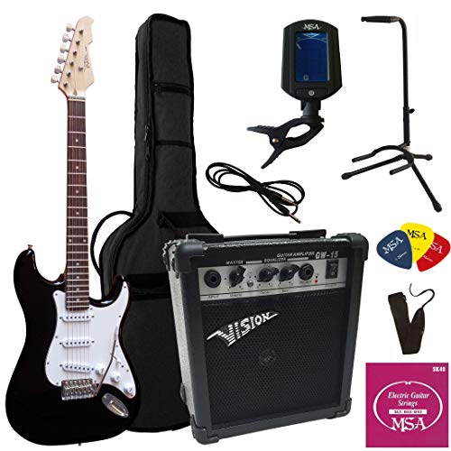 MSA Elektrogitarre Set, schwarze E-Gitarre mit 20Watt Verstärker, Stimmgerät, Gitarrenständer und Zubehör, 9-teilig