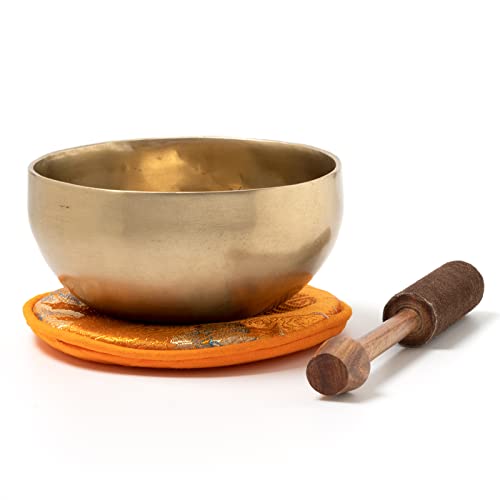 Klangschalen-Center Tibetische Klangschale I handgeschmiedet I 400 g I Ø 12,5 cm I inkl. Klöppel/Pad mit Blütenmotiv I Fair Trade aus Nepal