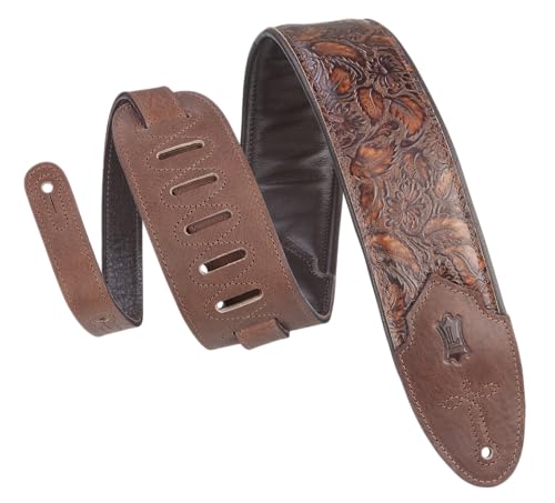 Levys Sundance Line Strap 3" WBRN, gepolsterter Gitarrengurt aus geprägtem Leder, floral, Whisky Braun, verstellbar von 94 cm bis 132 cm