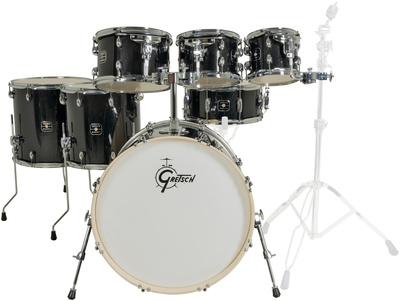 Gretsch Drums Energy Black Sparkle, 7-teiliges Schlagzeug Set mit 7-lagigem Pappelholz-Kessel, Chromhardware und Catalina GTS Tom Mount