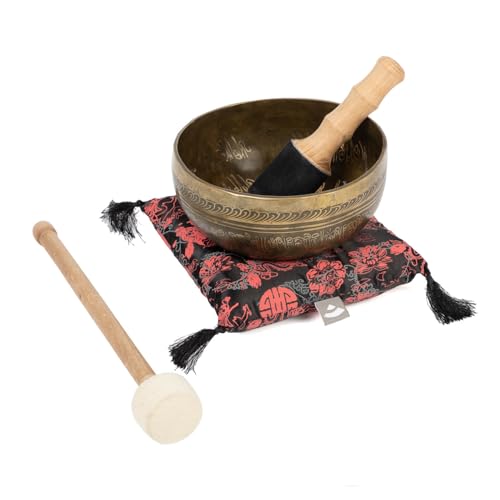 Bodhi Tibetische Klangschale Ø 19 cm, Handgefertigte Singing Bowl mit Tara Gravur, Bronze, Inkl. Klangschalenkissen & Klöppel, Ideales Meditationszubehör