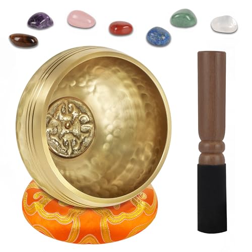 DiDiBirDi Traditionelle Klangschale 8cm mit 7 Chakra Kristallen, handgefertigt in Nepal für Meditation und Yoga - Geschenkidee für Frauen und Männer