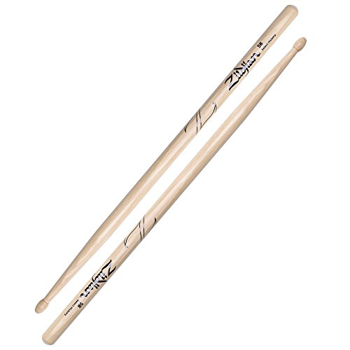 Zildjian 5B Hickory Drumsticks, Holzspitzen, Länge 406 mm, Durchmesser 15,1 mm, natürliche Holzfarbe