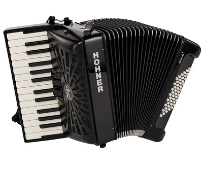 Hohner Bravo II 48 Black, Piano-Akkordeon mit 48 Bässen und Silent Key, schwarz