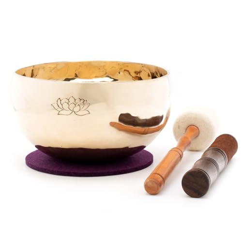 Klangschalen-Center Tibetische Klangschale mit Lotus-Gravur, 750-800 g, hochglanzpoliert, handgeschmiedet, inkl. 2 Klöppel und Filzpad, Fair Trade aus Nepal