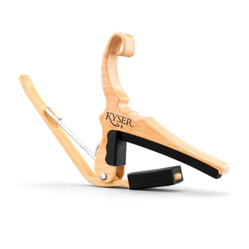 Kyser Quick-Change Capo, Kapodaster für Akustikgitarre, ahornfarbig, leichte Aluminiumausführung, einhändige Bedienung