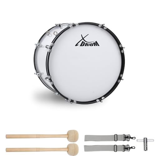 XDrum MBD-218 Marsch Bass Trommel, 18" x 12", weiß, mit verchromter Hardware, 4 Trageösen, inkl. Schlägel und Tragegurte