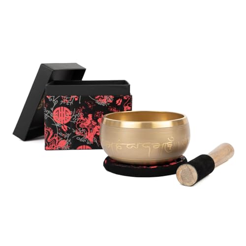 Bodhi Klangschale Ø 14 cm, Indische Messing Klangschale Set mit Kissen, Klöppel & Geschenkbox, Tara Verzierung, Gold/Holzfarben, ideales Meditationszubehör