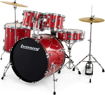 Ludwig Accent Drive 5pc Red, Schlagzeug-Set mit 5-lagigen Hartholzkesseln, 22" Bass Drum, incl. Beckenset und Hardware, Red Sparkle