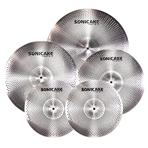 SONICAKE Cymbal Set, 14" HiHat + 16" Crash + 18" Crash + 20" Ride, leises Schlagzeugbecken-Set, silber, 5 Stück