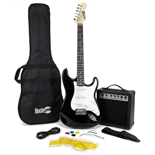 RockJam Full Size Electric Guitar Kit, E-Gitarre mit 10-Watt Verstärker, Lessons, Gurt, Gig Bag, Picks, Whammy, schwarze Farbe
