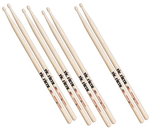 Vic Firth American Classic Series 5B Drumsticks, 4 Paar Value Pack aus American Hickory mit Holz-Tipp, natur 