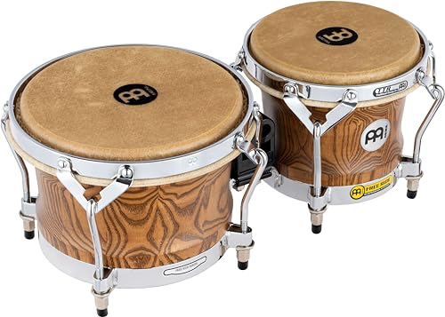 Meinl WB500ZFA-M Woodcraft Bongos, Zebra Finished Ash, 7" Macho und 9" Hembra, Kessel aus amerikanischer Weiß-Esche, matt lackiert, mit True Skin Kuhfellen und verchromter Hardware