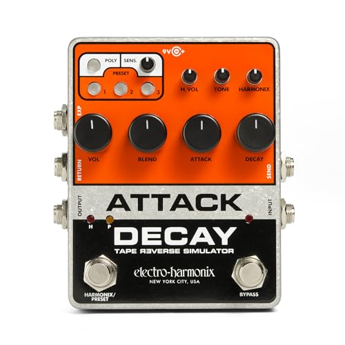 Electro Harmonix Attack Decay Tape Reverse Sim, Delay-Pedal für E-Gitarre mit Poly Mode, Harmonix Fuzz und 3 speicherbaren Presets