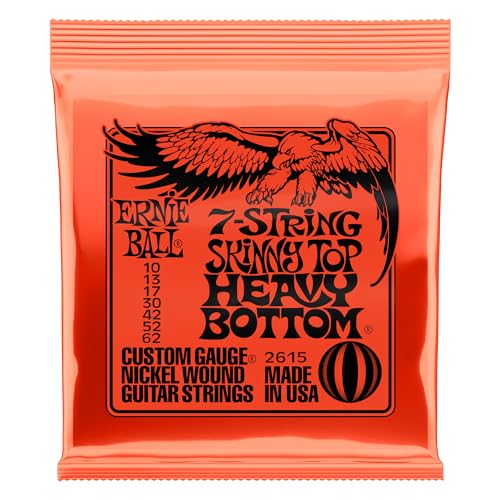 Ernie Ball 2615 Skinny Top Heavy 7, E-Gitarrensaiten Set für 7-Saiter, Nickel Wound, Stärken: 010-013-017-030-042-052-062