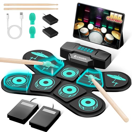 CAHAYA CY00387-1 Elektronisches Schlagzeug für Kinder, aufrollbares E-Drum-Set mit 9-Pads, 2 Pedalen, MIDI-Unterstützung, Stereo-Lautsprechern, Kopfhörerausgang und 10h Akkulaufzeit