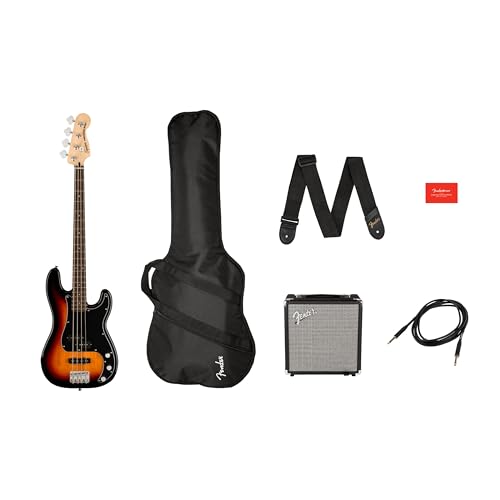 Squier by Fender Affinity Series Precision Bass PJ Pack, 3 Color Sunburst mit Rumble 15 Amp, Gigbag und Gurt