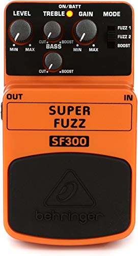 Behringer SF300 Super Fuzz, Overdrive-Pedal mit drei Klang-Betriebsarten, Gain- und Level-Reglern sowie 2-Band EQ