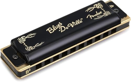 Fender Blues Deville Harp Bb, Mundharmonika in Bb-Dur mit Kunststoff Kanzellenkorpus und Messingstimmplatten, schwarz-goldenes Deckeldesign, inkl. Kunststoffcase