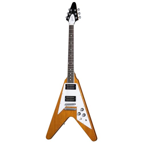 Gibson 70s Flying V Antique Natural, E-Gitarre mit Mahagoni Korpus, 2x 70s Tribute Humbucker Pickups, Antique Natural Finish, inkl. Koffer, Made in USA