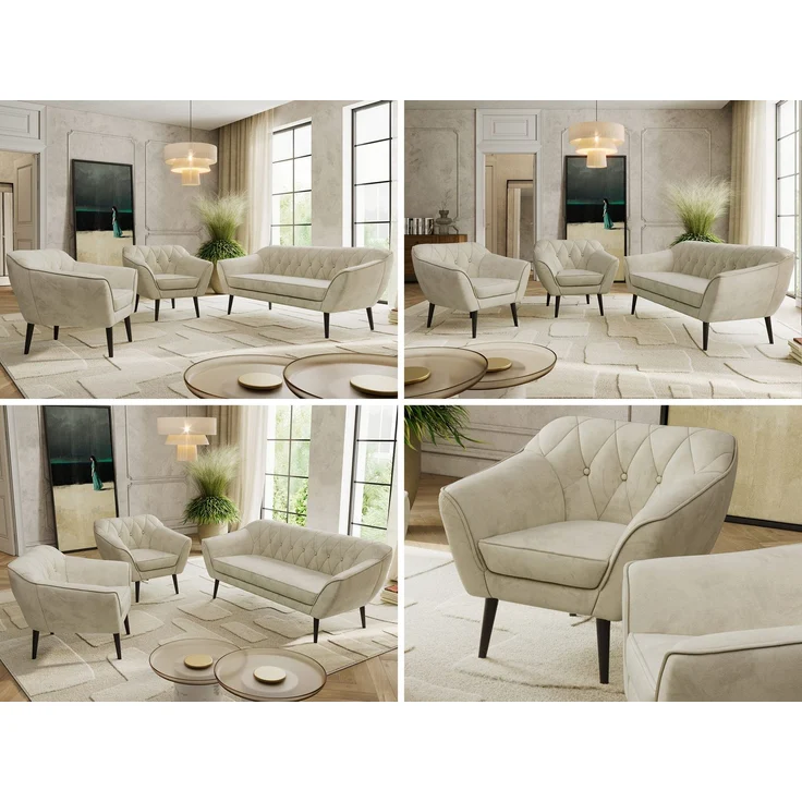 Wohnzimmerset PIRS 1-1-3, Skandinavisches 3-Sitzer Sofa mit Sesseln, Sofa mit Wellenfederung, schwarze Füße, Skandinavisches Möbelset - Beige Velvet – Bild 2