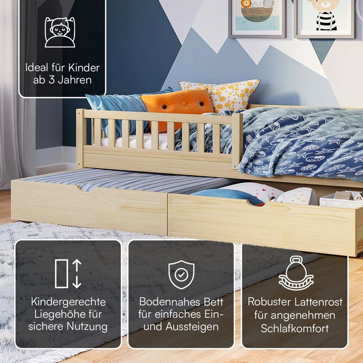 Bellabino 'Vils' Kinderbett 90x200 cm mit Matratze und großer Schublade, natur, Kiefer Massivholz, Montessori Bett mit Stauraum, mit abnehmbarem Rausfallschutz und Lattenrost – Bild 3