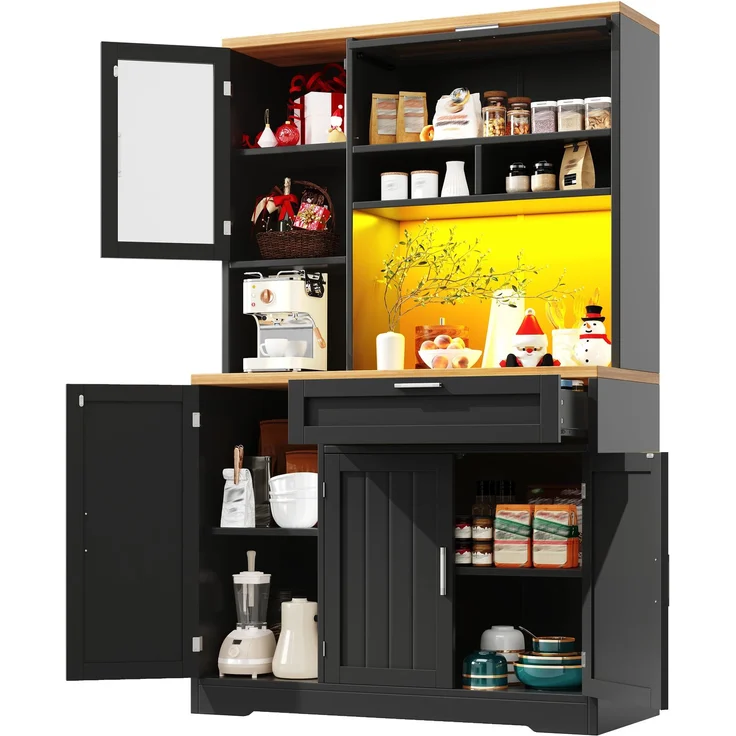 Küchenschrank, Hochschrank / Vitrine mit LED-Beleuchtung, 104x40x180 cm, weiß/schwarz, für Küche & Wohnzimmer--Schwarz--104x40x180cm--YOUDENOVA – Bild 10
