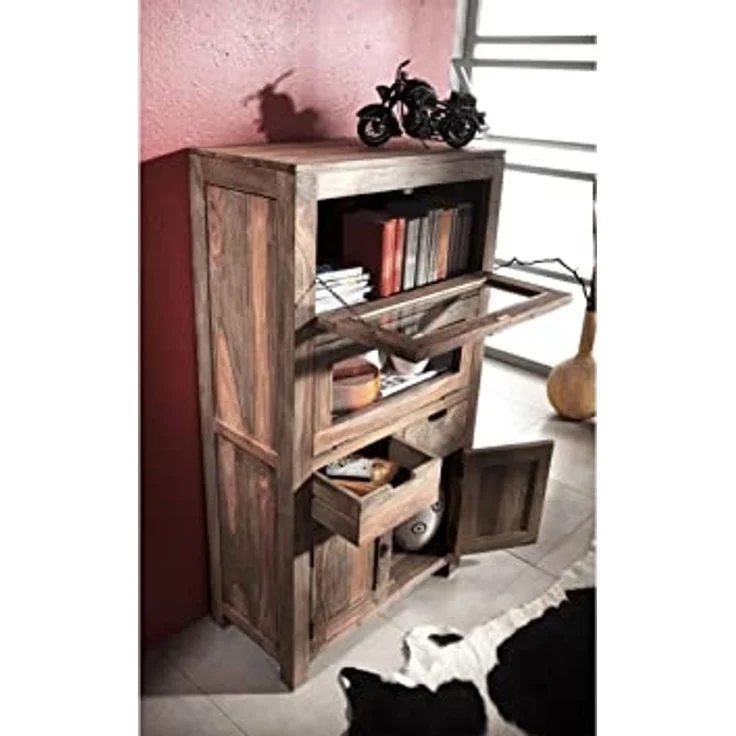 Massivmoebel24 Highboard (Highboard Sheesham 80 x 40 x 148 grau geölt NATURE GREY #60) – Bild 5