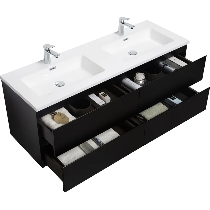 Badplaats Badmöbel Set mit Waschbecken und Unterschrank Angela 140 x 48 cm Schwarz Matt - Waschbeckenunterschrank mit Soft-Close und Doppelwaschbecken, Vorgemontiert – Bild 2
