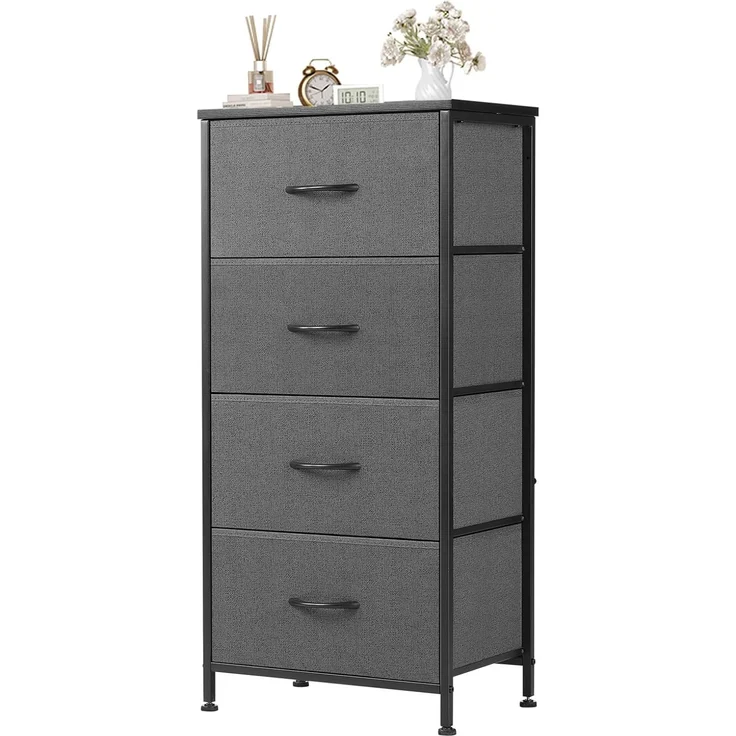 Sweetcrispy Kommode,Sideboard Wohnzimmer für Schlafzimmer mit 4 Stoffschubladen,Einstellbare Füße Schubladenschrank,Komodenschrank für Schlafzimmer,Modernes Grau