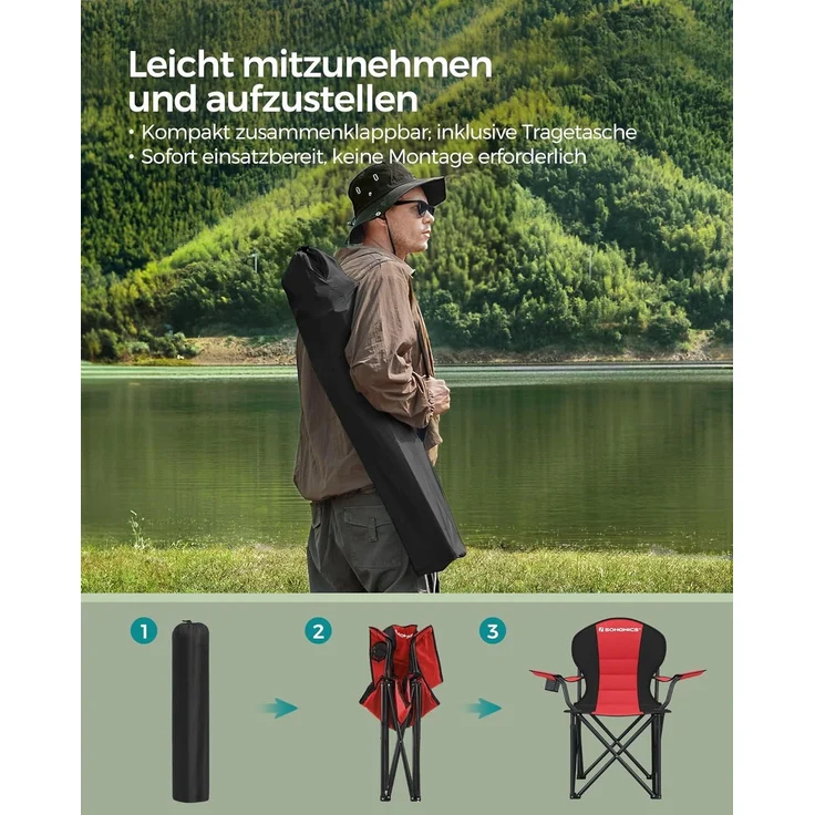 SONGMICS Campingstuhl, klappbar, Klappstuhl, bequemer mit Schaumstoff gepolsterter Sitz, mit Flaschenhalter, hoch belastbar, max. Belastbarkeit 250 kg, Outdoor Stuhl, rot GCB06BK – Bild 7