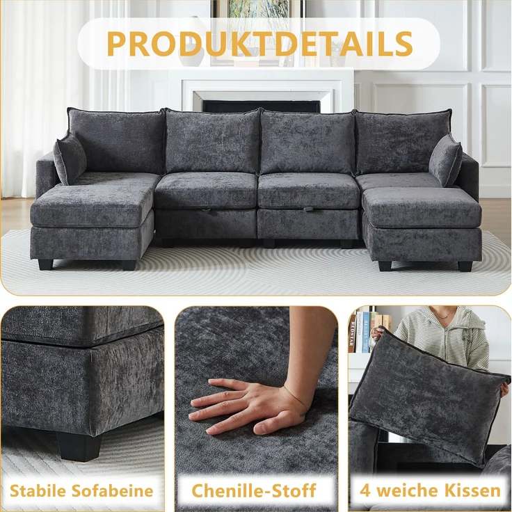 EINHOM Modulares Chenille-Sofa, Ecksofas für das Wohnzimmer U-förmiges Ecksofa mit Stauraum-Ottomane, 6-Sitzer-Ecksofas mit Chaiselongue – Bild 5