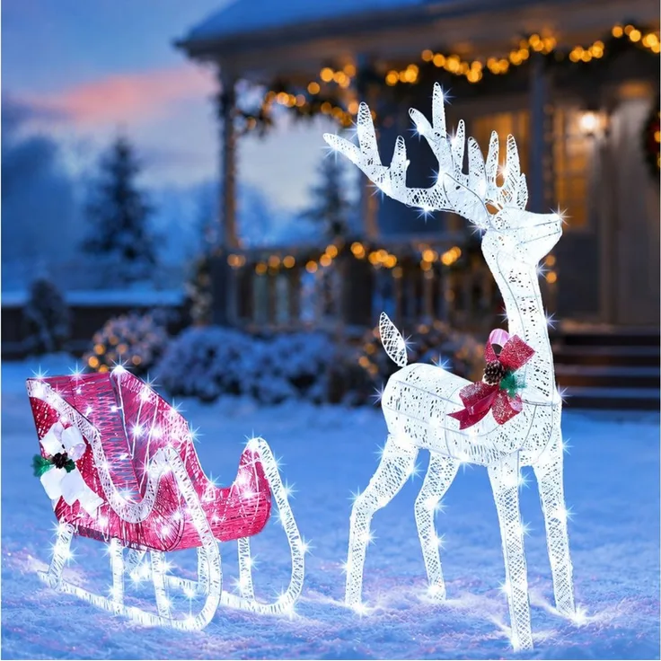 LALAHO Weihnachtsfigur LED Rentier mit Schlitten Weihnachtsbeleuchtung, mit 180 LEDs, Rentier Weihnachten Deko für Außen und Innen