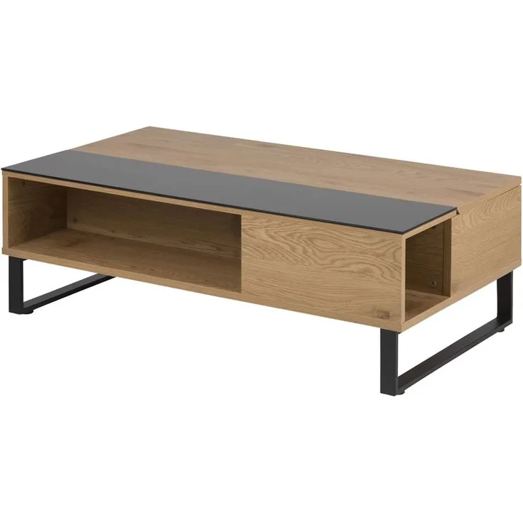 Selsey KOSTRENA - Couchtisch in Holzoptik mit schwarzem Glaseinsatz und Stauraum, modern, 110x60 cm