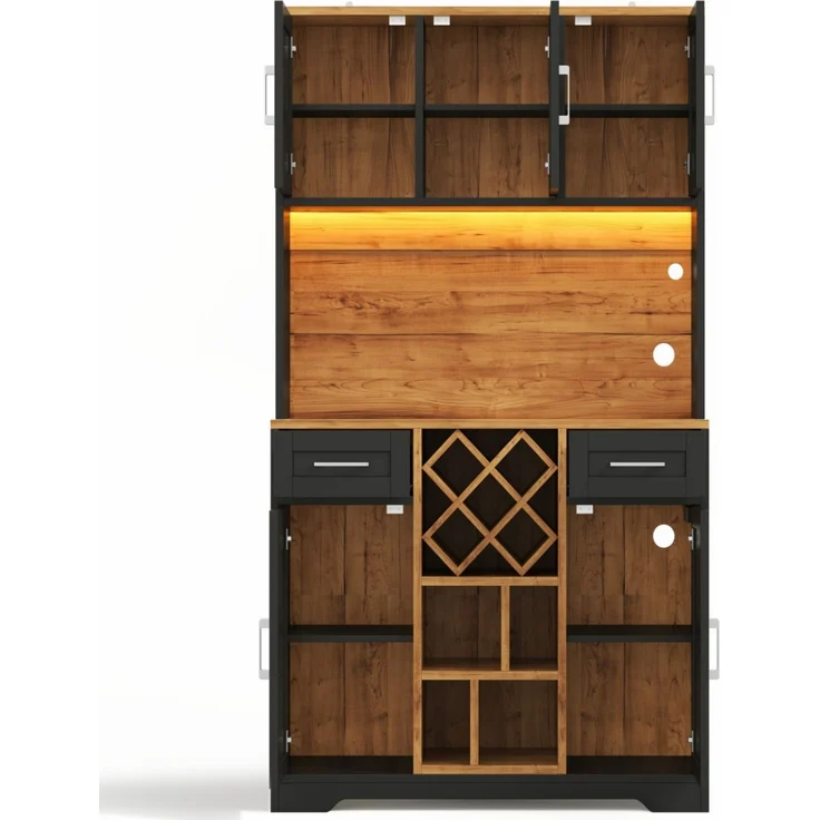 Küchenschrank, hoher Stauraumschrank mit LED-Beleuchtung, Vorratsschrank mit Weinregalen, Weinschrank & Vitrinenschrank für Wohnzimmer und Esszimmer, 180 × 105 × 40 cm--Natur2 + Schwarz--105x40x180cm--YOUDENOVA – Bild 10