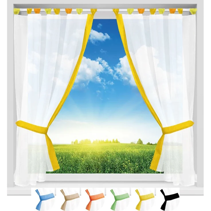 Gardinenset Skyline Schlaufenschal im Landhausstil Küchengardine Raffband, klassisch und modern in vielen Ausführungen erhältlich (gelb - sonnengelb / 140 x 120cm) – Bild 2