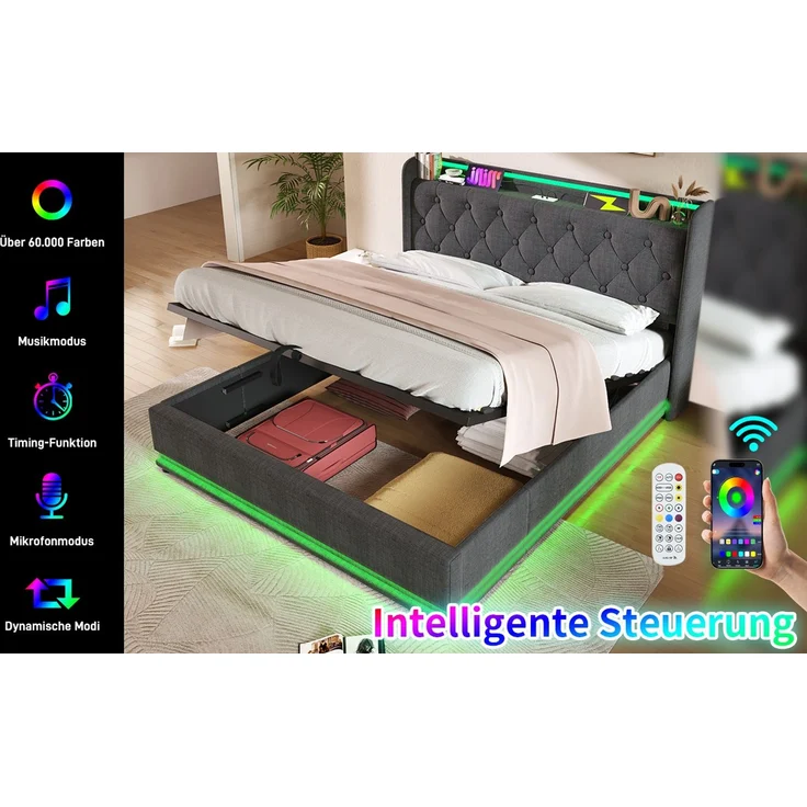 Polsterbett Leinen mit LED, USB-Anschluss & Stauraum, 140x200 cm, Grau, mit Matratze – Bild 6